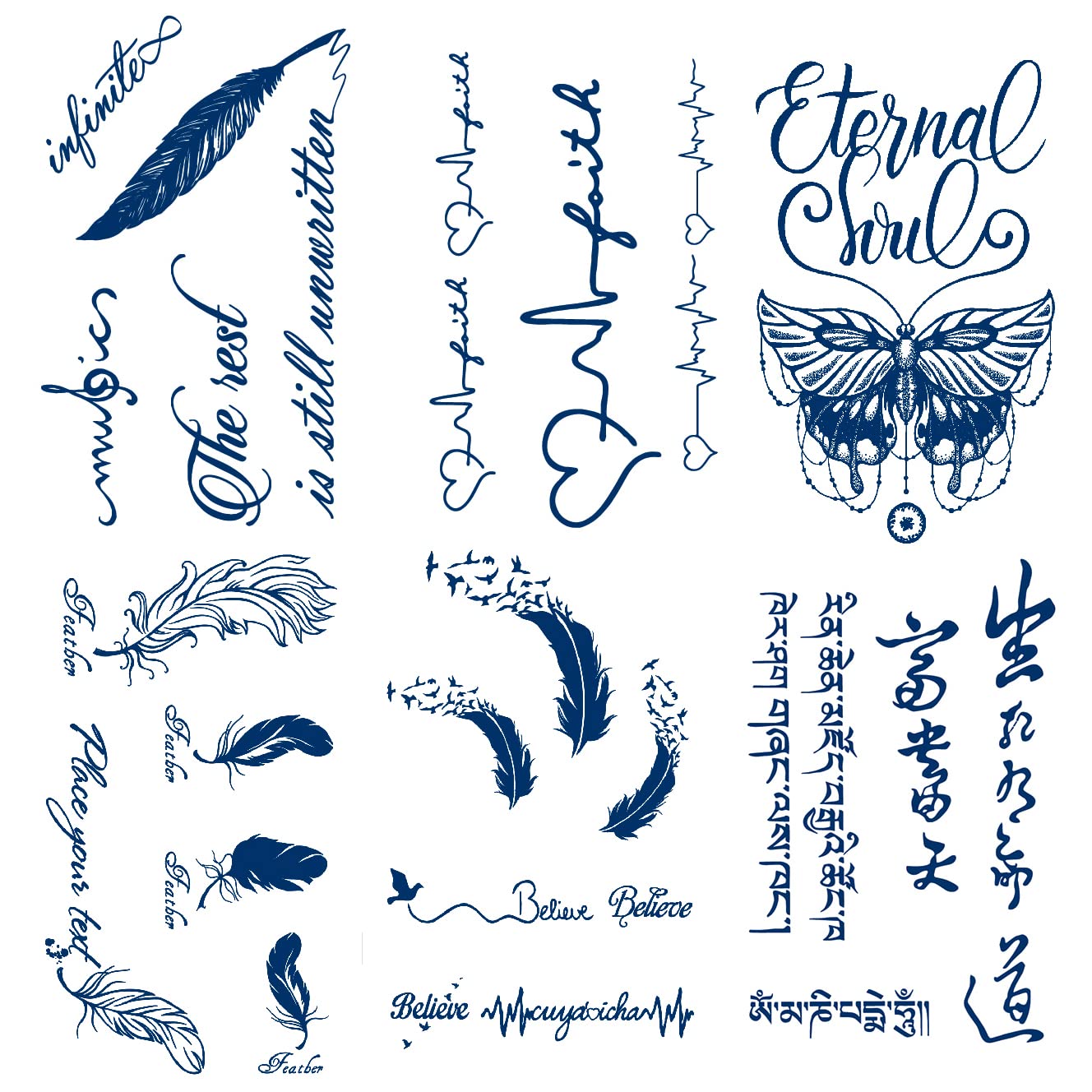 Tatuaje semipermanente de plumas de mariposa, 6 hojas de larga duración de 1 a 2 semanas, tatuajes temporales de letras chinas inglesas, 100% tinta