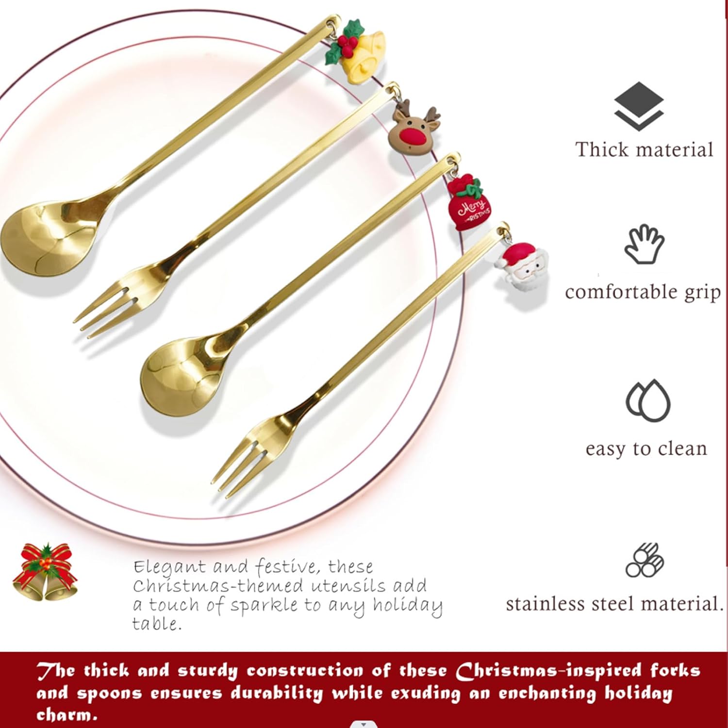 Rxuiael Juego de cuchara de café de Navidad de acero inoxidable y tenedores de cena de Navidad, cuchara de postre, cuchara para revolver, cuchara de