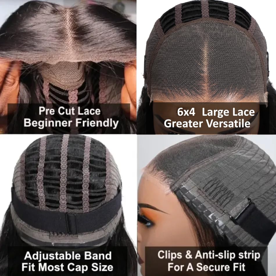RONTAYA Wear and Go – Pelucas de encaje frontal de 6 x 4 sin pegamento, peluca de cabello humano lacio con encaje HD prearrancado, densidad del 180%