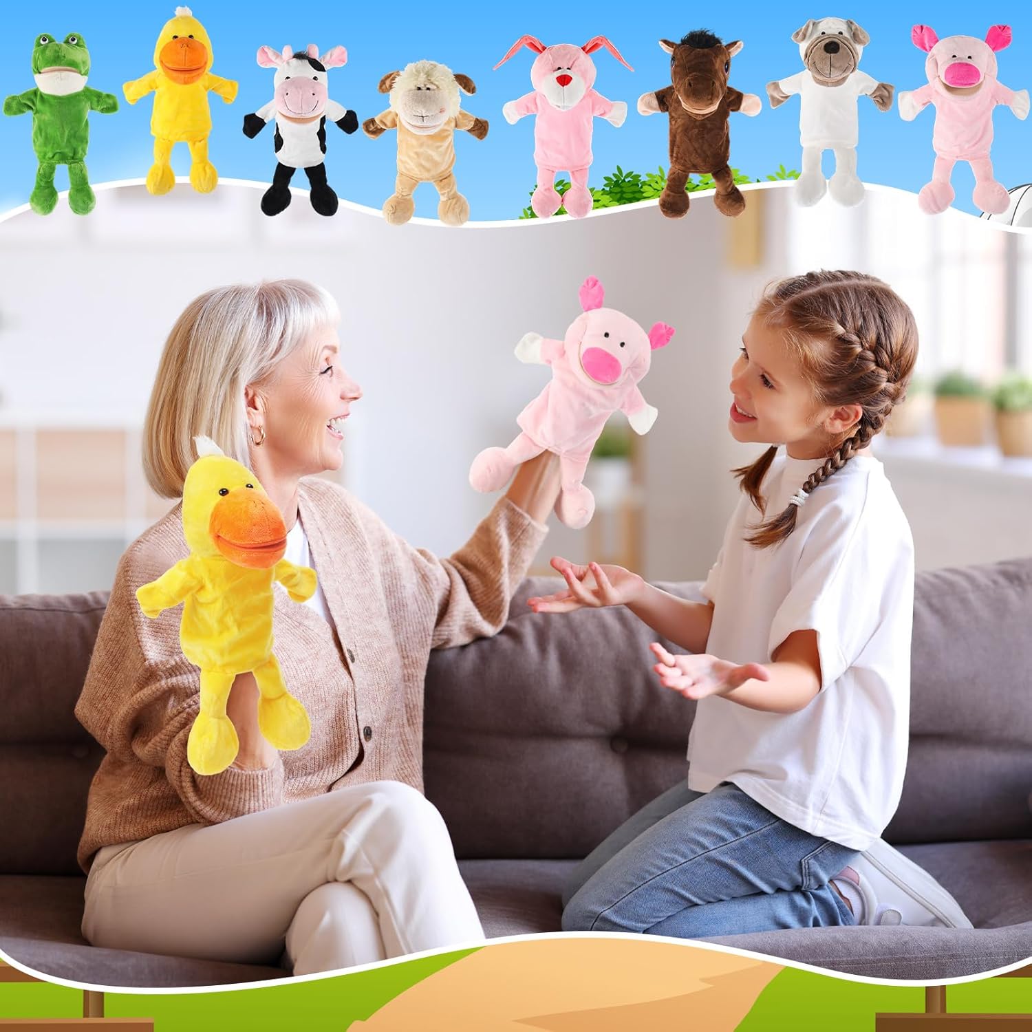 9 marionetas de mano de animales con boca abierta y movible de 11.8 a 13.8 pulgadas, animales de peluche suaves de animales de granja safari,