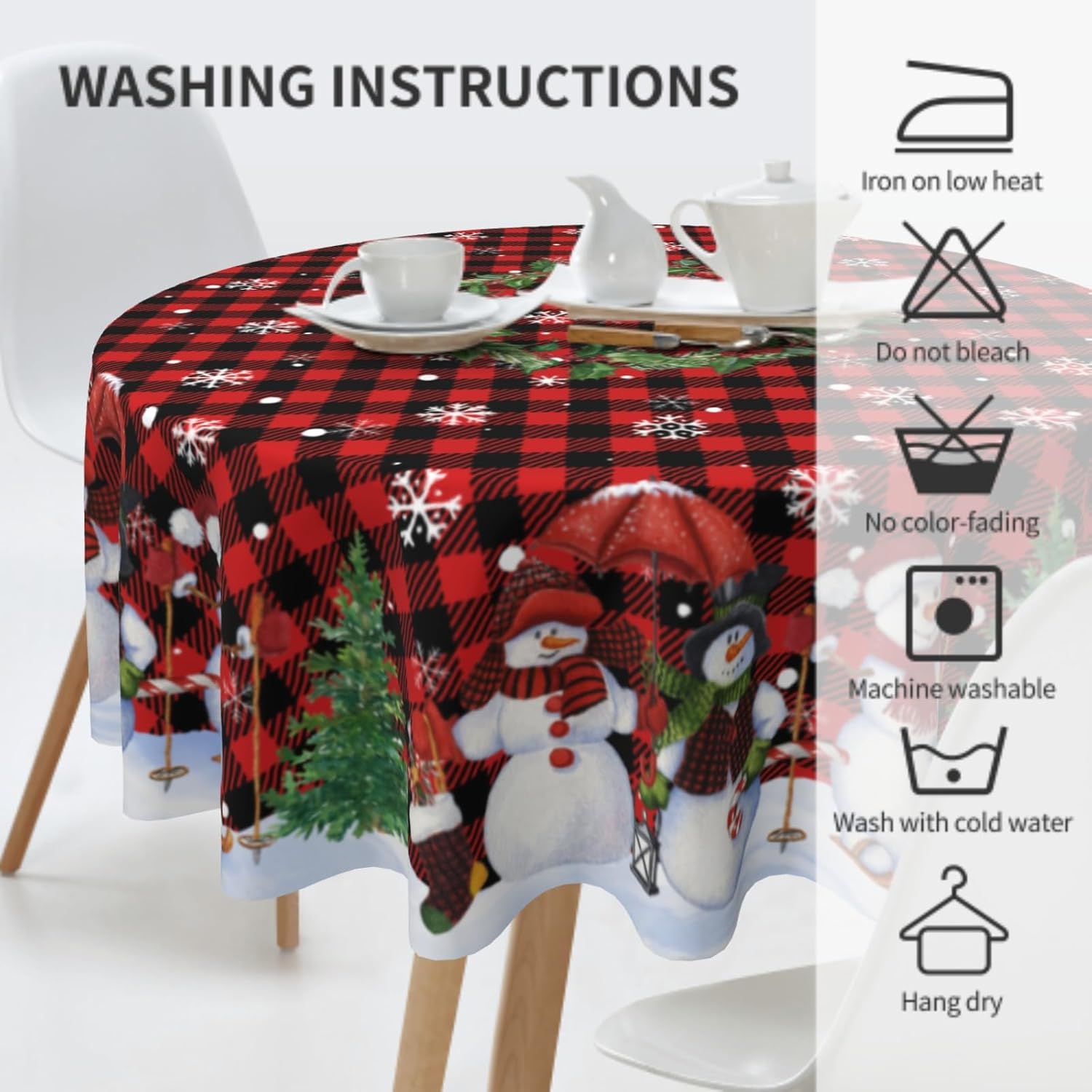 Giwawa Mantel redondo de muñeco de nieve de 60 pulgadas, diseño de copos de nieve de invierno, mantel con diseño de búfalo rojo y negro, con bayas