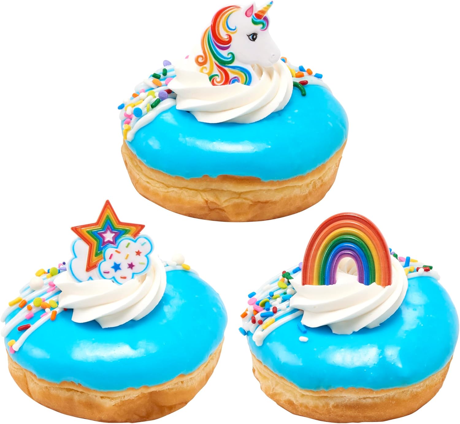 DECOPAC Anillos de unicornio arcoíris, decoraciones para cupcakes, adornos mágicos seguros para alimentos, paquete de 24, multicolor