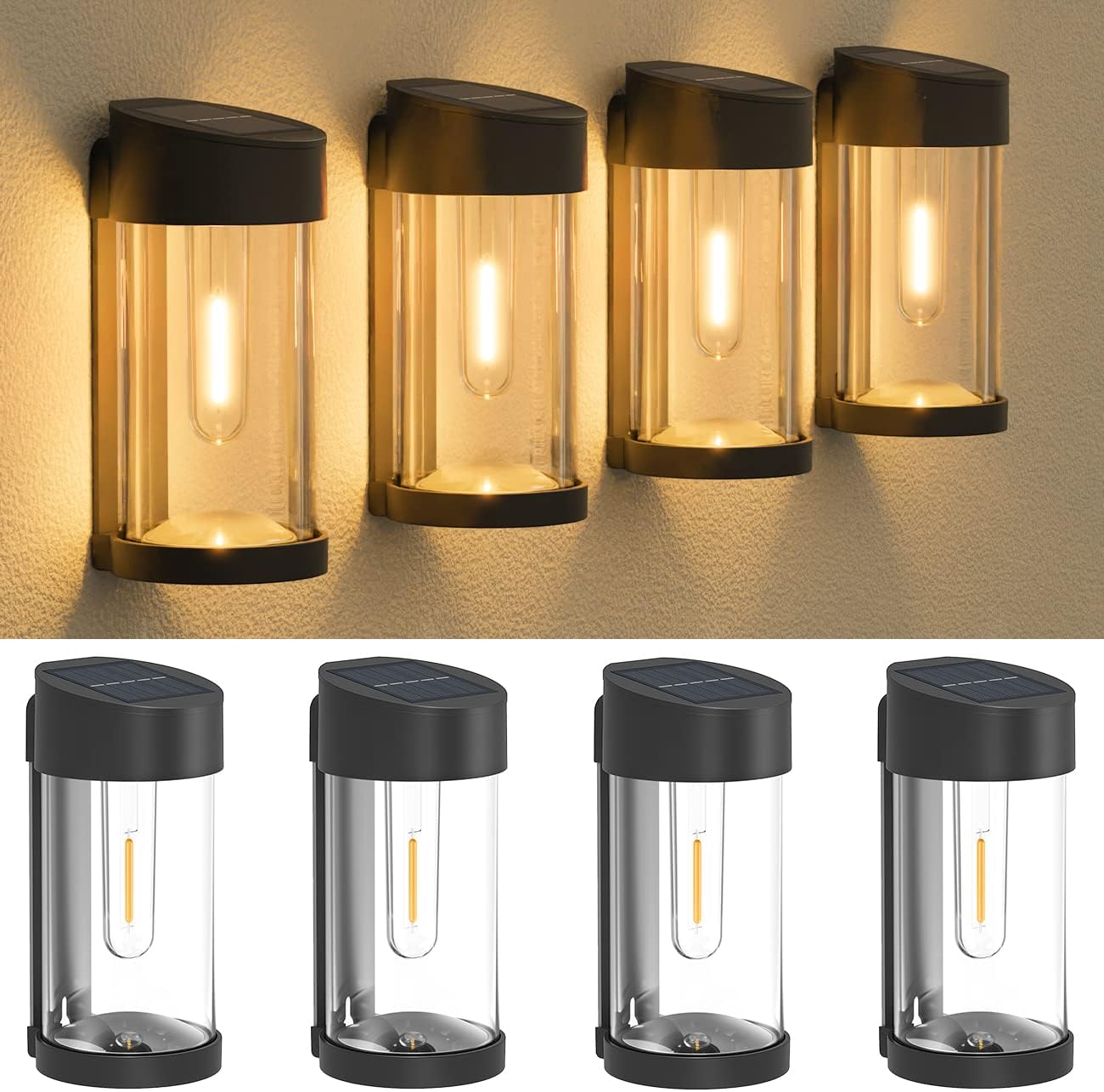 Woolmug Paquete de 4 luces solares para valla al aire libre, luces solares de pared de vidrio de metal, luces solares de cubierta, luces solares
