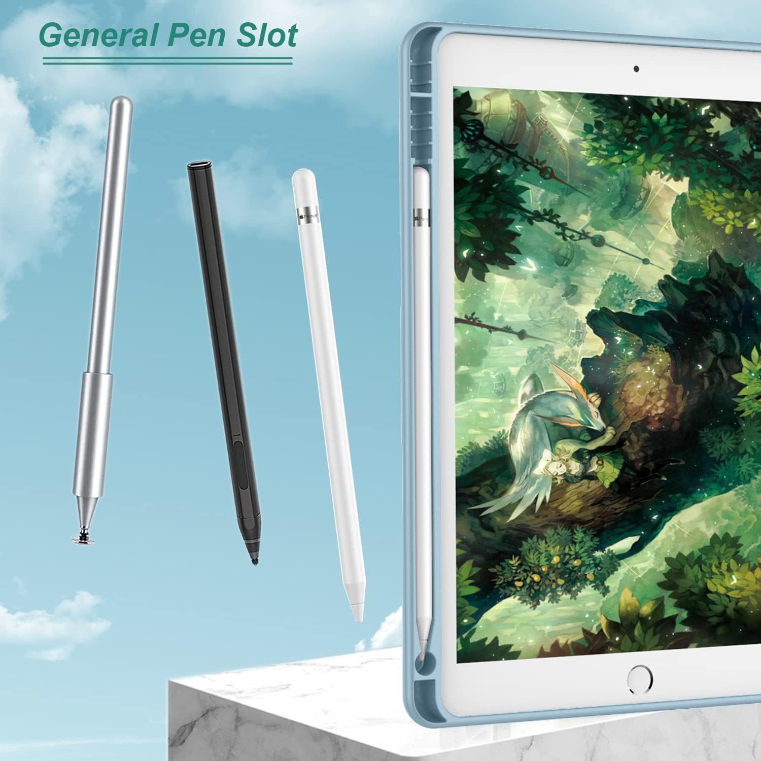 iMieet Funda para iPad 9.7 (modelo 20182017, 65 generación), funda inteligente con portalápices y parte trasera de silicona suave de piel de bebé y