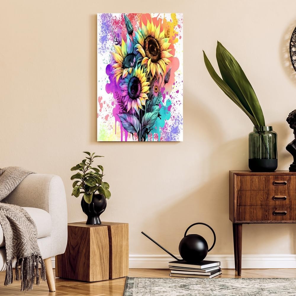 GUBIYU Decoración de baño, lienzo de girasol, arte para pared, acuarela, mariposa, flores, pintura floral, amarillo, rosa, morado, verde azulado,