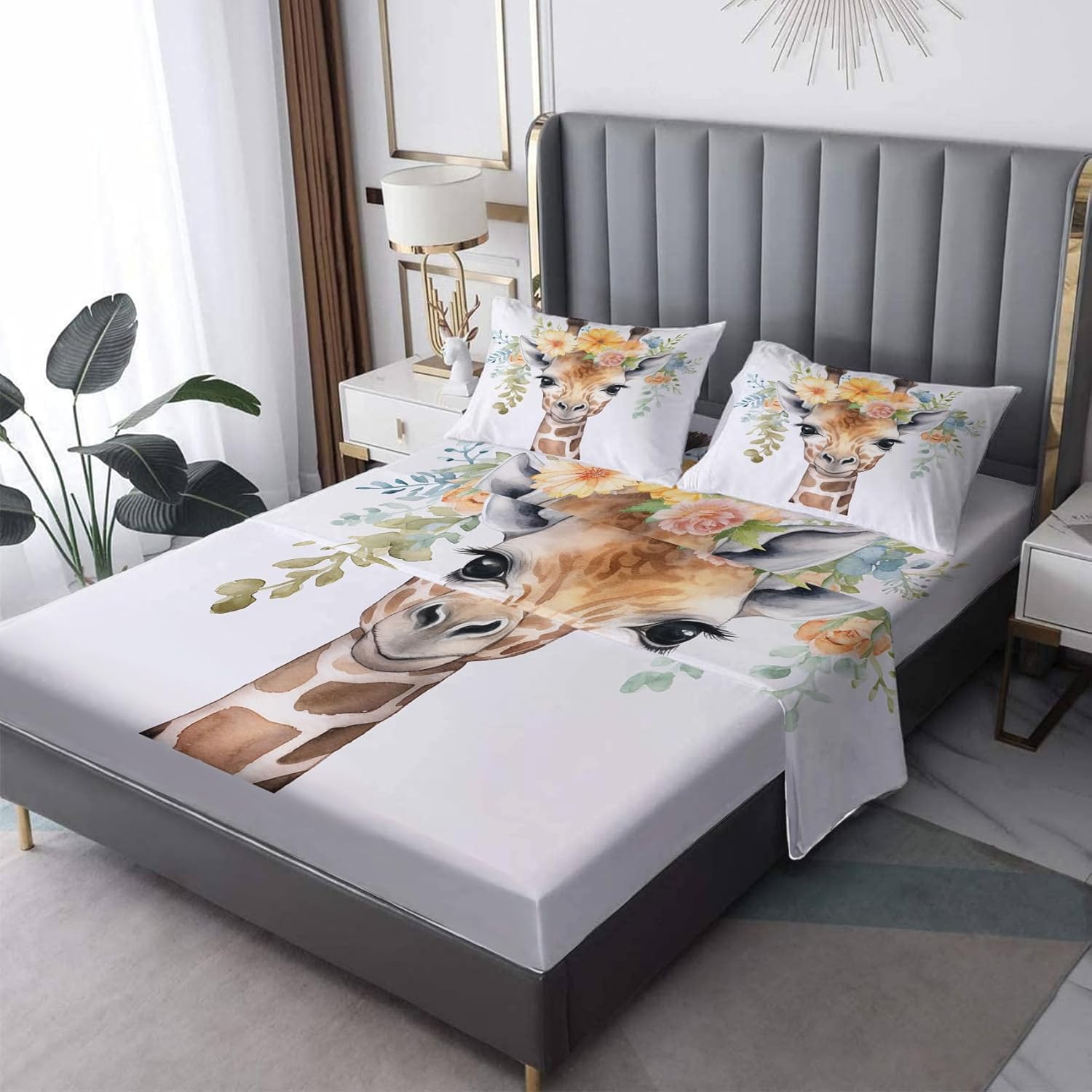 Juego de sábanas de jirafa divididas tamaño King para cama ajustable, sábanas de flores, sábanas estampadas y juego de 5 piezas, microfibra suave