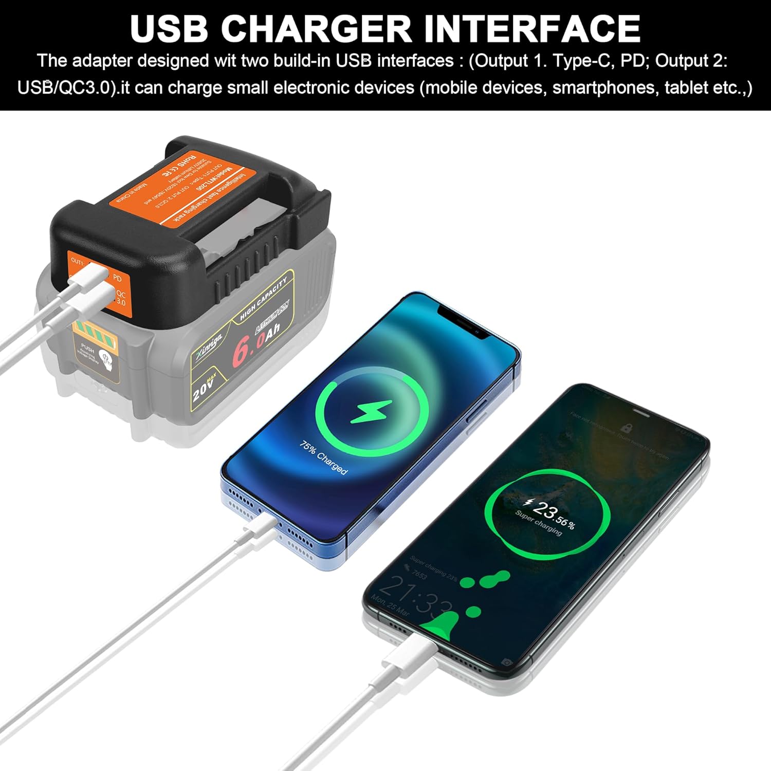 Paquete de 2 adaptadores de cargador USB negro, compatible con batería Dewalt de 20 V 60 V Max, con carga rápida tipo C y puertos USB (solo