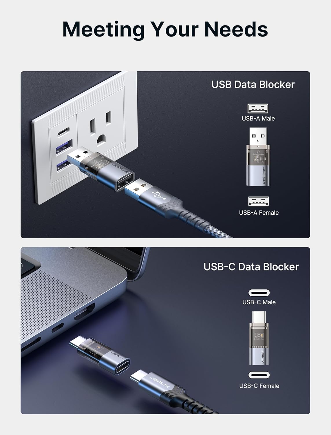 JSAUX Bloqueador de datos USB y bloqueador de datos USB C (paquete de 4), bloqueador de datos USB-A transparente a USB-A y USB-C a USB-C solo para