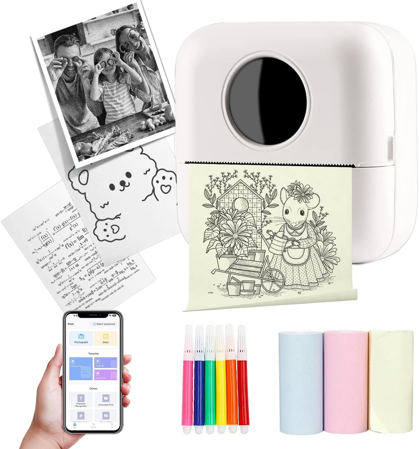 Mini impresora adhesiva  Impresora térmica Bluetooth portátil con 5 lápices de colores + 3 rollos de papel, sin aplicaciones, impresora de teléfono