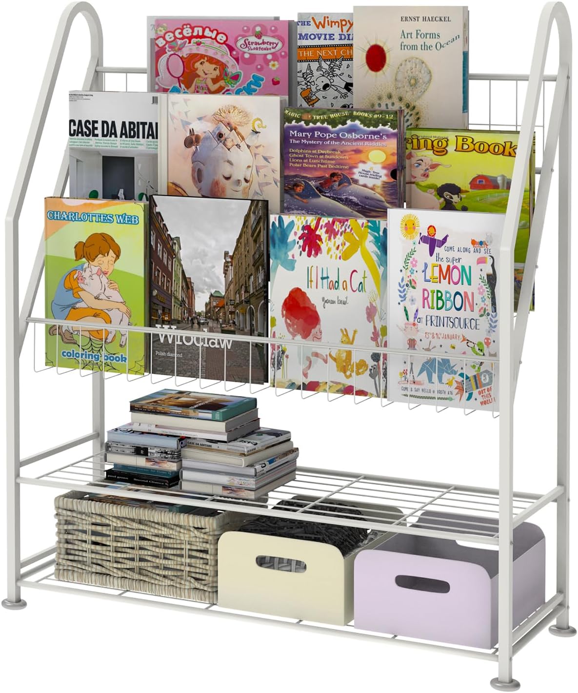 Estantería para niños independiente para habitación de los niños, estantería de metal blanco de 32 pulgadas, organizador de juguetes de gran