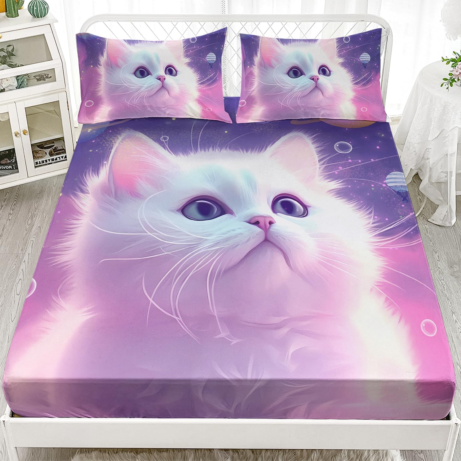 AILONEN Juego de sábanas bajeras de tamaño Queen, juego de sábanas de planeta de gato de ensueño para niños y niñas, juego de sábanas de 3 piezas