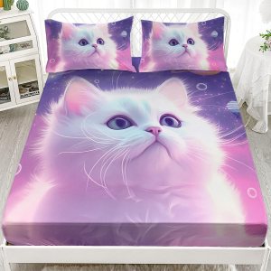 AILONEN Juego de sábanas bajeras de tamaño Queen, juego de sábanas de planeta de gato de ensueño para niños y niñas, juego de sábanas de 3 piezas AILONEN Juego de sábanas bajeras de tamaño Queen, juego de sábanas de planeta de gato de ensueño para niños y niñas, juego de sábanas de 3 piezas