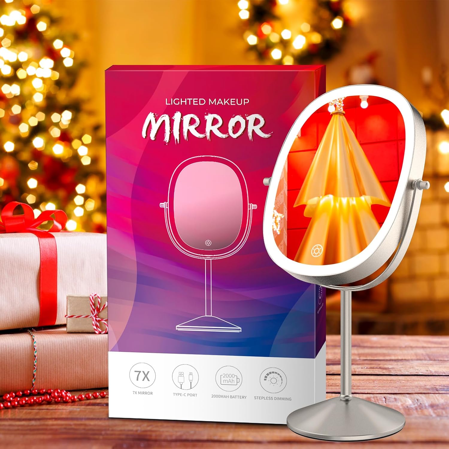 LOVESPEJO Espejo de maquillaje iluminado de 9 pulgadas con aumento, espejo de aumento 1X7X, espejos de maquillaje personal recargables de doble