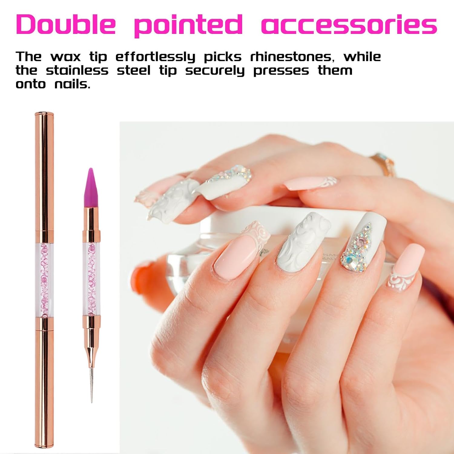 Paquete de 2 herramientas de punteado de diamantes de imitación de uñas de doble extremo, punta de cera, herramienta de bolígrafo de diamantes de
