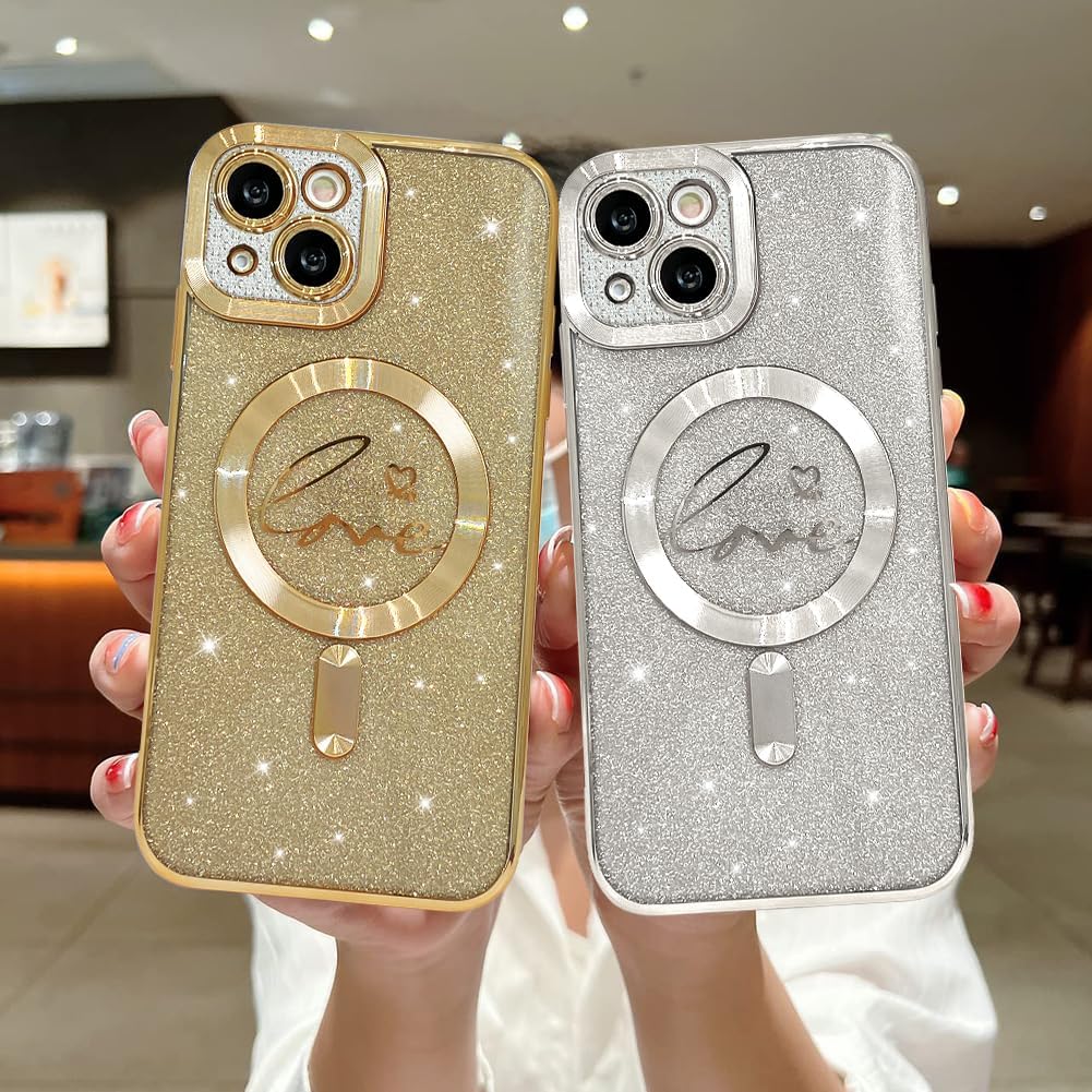 Funda magnética transparente con purpurina para iPhone 14, compatible con Magsafe, diseño de corazón de amor, chapado de lujo, protector completo de