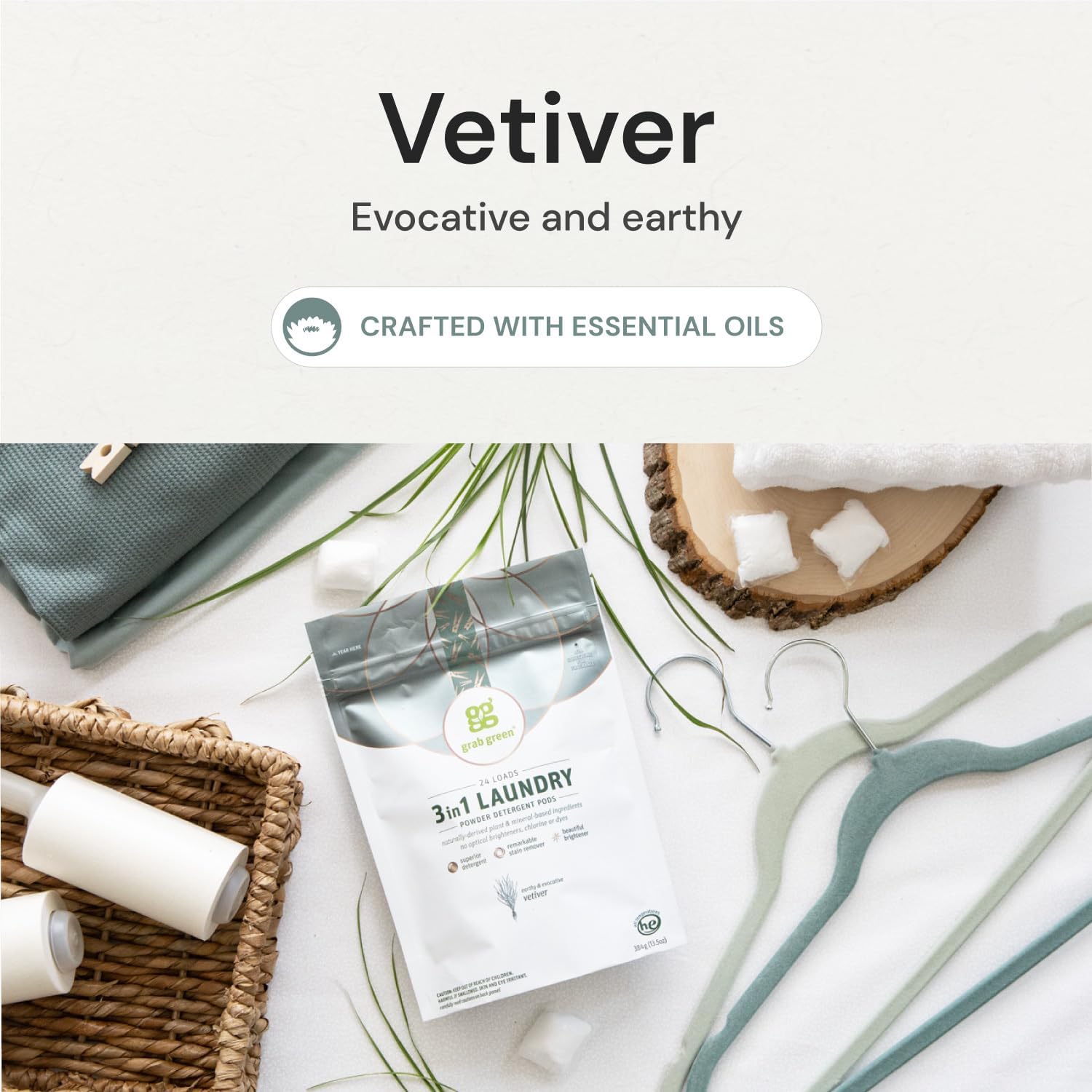 Grab Green Cápsulas de detergente 3 en 1, 132 unidades, aroma vetiver, a base de plantas y minerales, poder de limpieza superior, removedor de