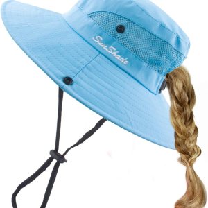 Sombrero de sol para niños y niñas, protección UV, gorra de playa de ala ancha con agujero para cola de caballo Sombrero de sol para niños y niñas, protección UV, gorra de playa de ala ancha con agujero para cola de caballo