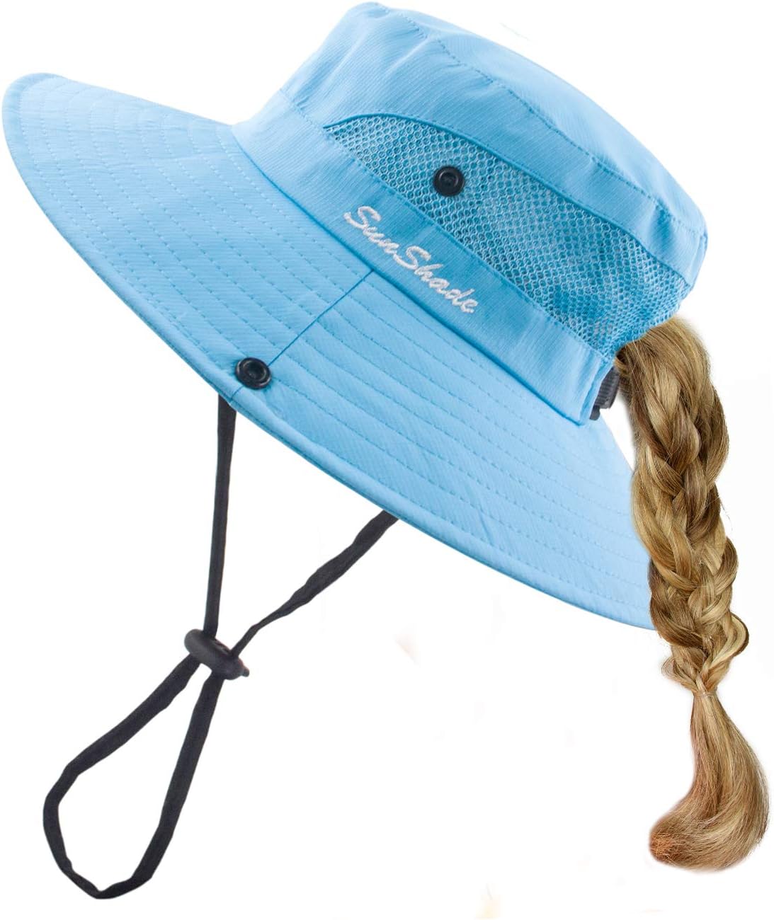 Sombrero de sol para niños y niñas, protección UV, gorra de playa de ala ancha con agujero para cola de caballo