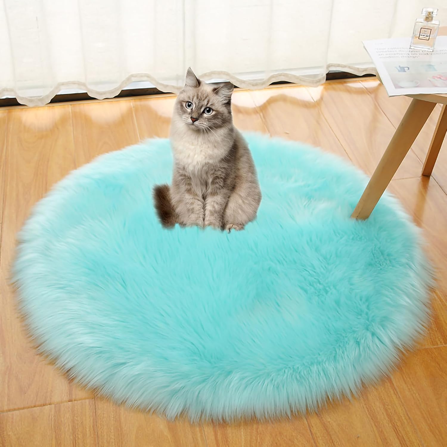 Eanpet Alfombra de piel sintética de oveja para silla con broche a presión, redonda de 18 x 18 pulgadas, funda de asiento esponjosa para silla,