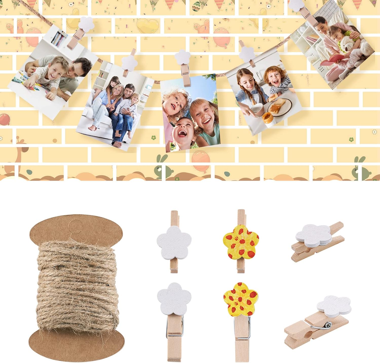Pandahall – 100 pinzas de flores blancas para papel fotográfico de madera, clips de injerto con cordel de yute natural de 10.93 yardas para