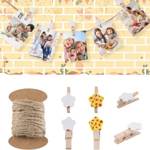 Pandahall – 100 pinzas de flores blancas para papel fotográfico de madera, clips de injerto con cordel de yute natural de 10.93 yardas para Pandahall – 100 pinzas de flores blancas para papel fotográfico de madera, clips de injerto con cordel de yute natural de 10.93 yardas para