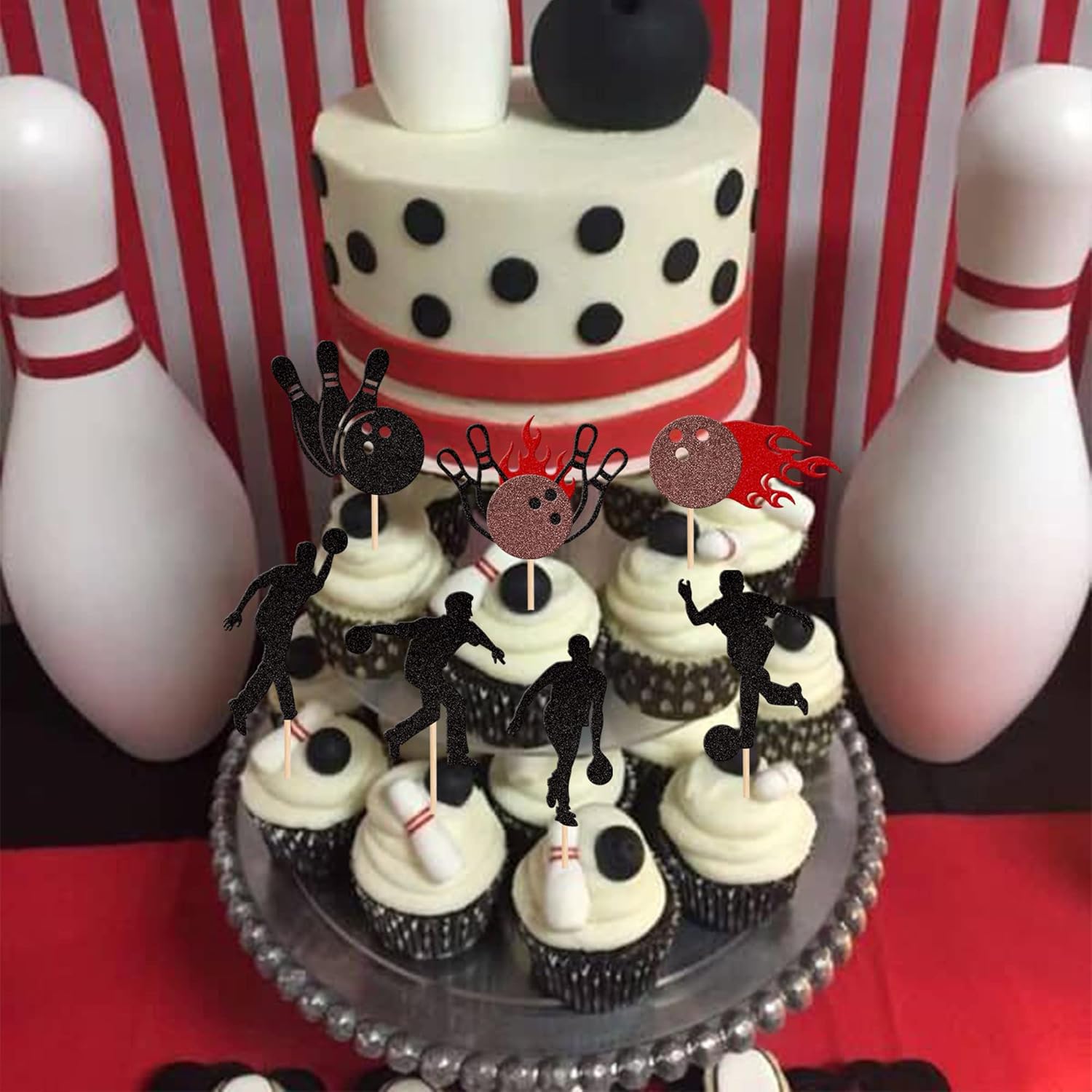 28 piezas de decoración de cupcakes con purpurina para jugadores de bolos para jugadores de bolos, bolos deportivos, decoración de pasteles para