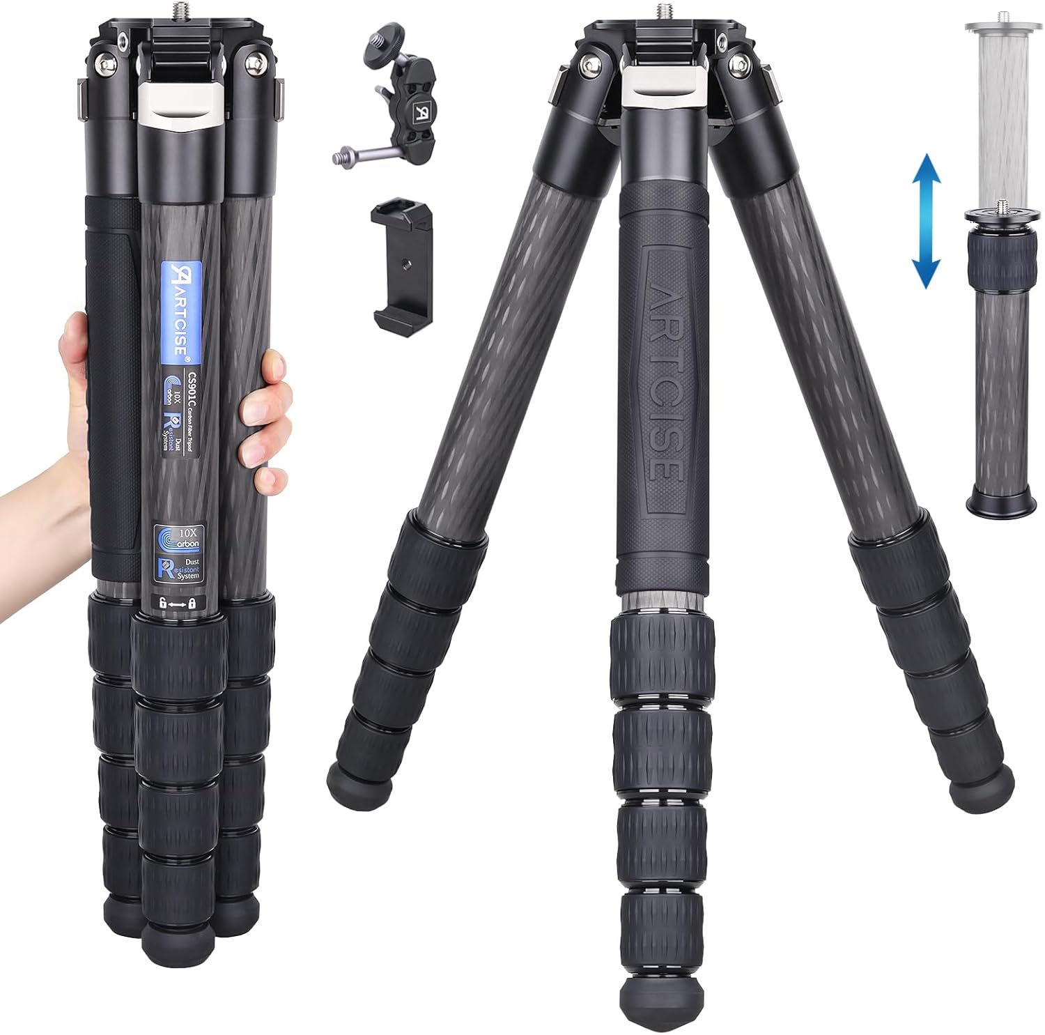 Trípode profesional de fibra de carbono resistente CS901C con columna central externa, monopod desmontable, compacto y ligero, soporte de cámara de