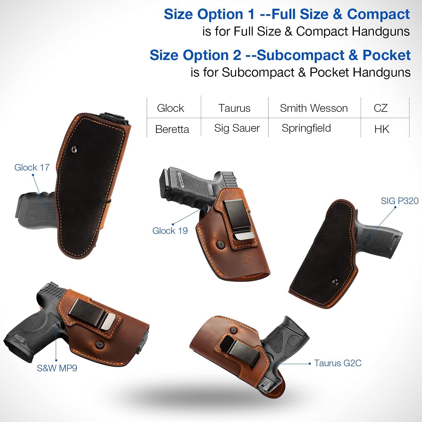 Funda de cuero de grano completo compatible con Glock 17 19 22 31 42 43Taurus G2C G3C G3M&P ShieldHellcat XDM 40P320 P365Two para adaptarse a la