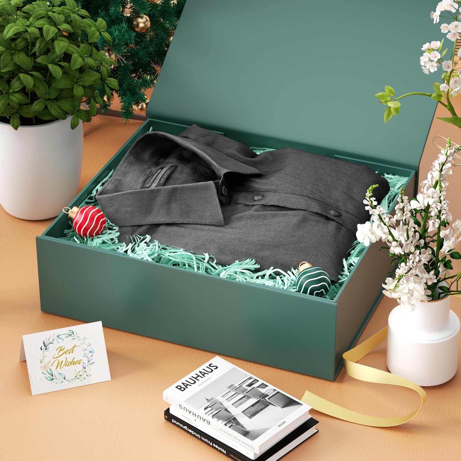 Cajas de regalo con tapas, 11.5 x 7.8 x 3 pulgadas, caja de regalo verde bosque para regalos, cierre magnético para camisetas, guantes, bufandas,