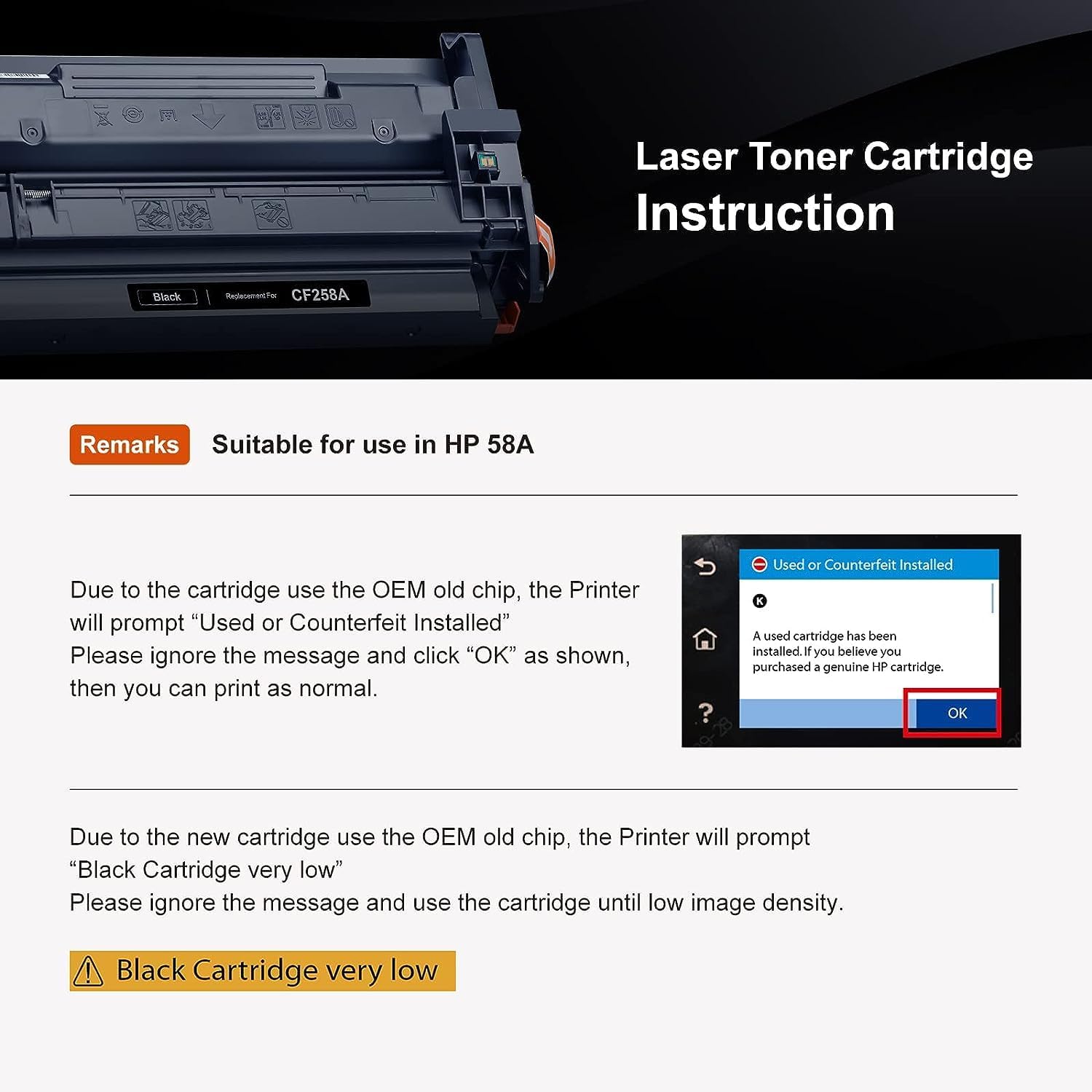 myCartridge 58A CF258A CF258A – Cartucho de tóner negro, paquete de 2 (con chip, alto rendimiento) de repuesto para 58A HP Cartucho de tóner con