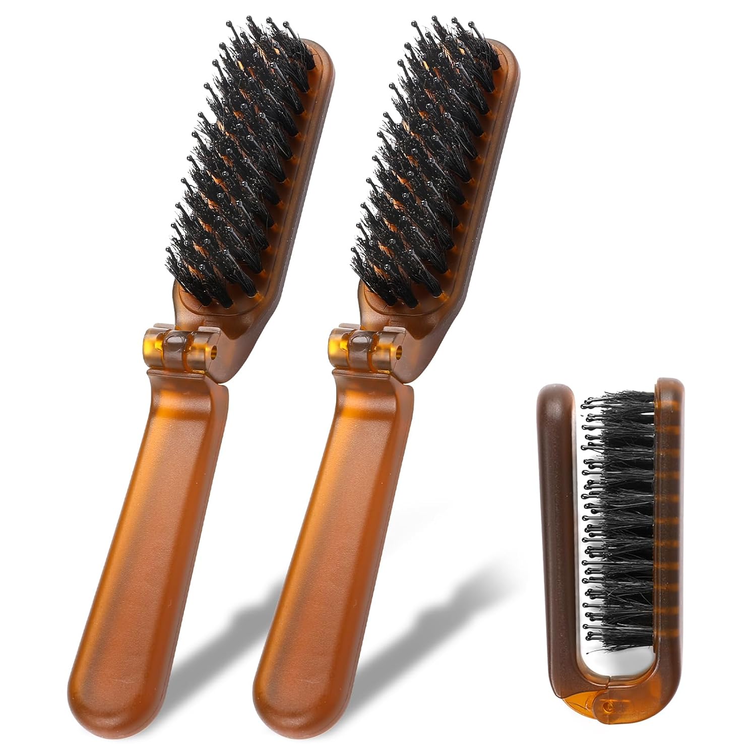 Paquete de 2 cepillos plegables para el cabello, cepillo de tamaño de viaje con cerdas naturales de jabalí y pasadores de nailon, cepillo pequeño