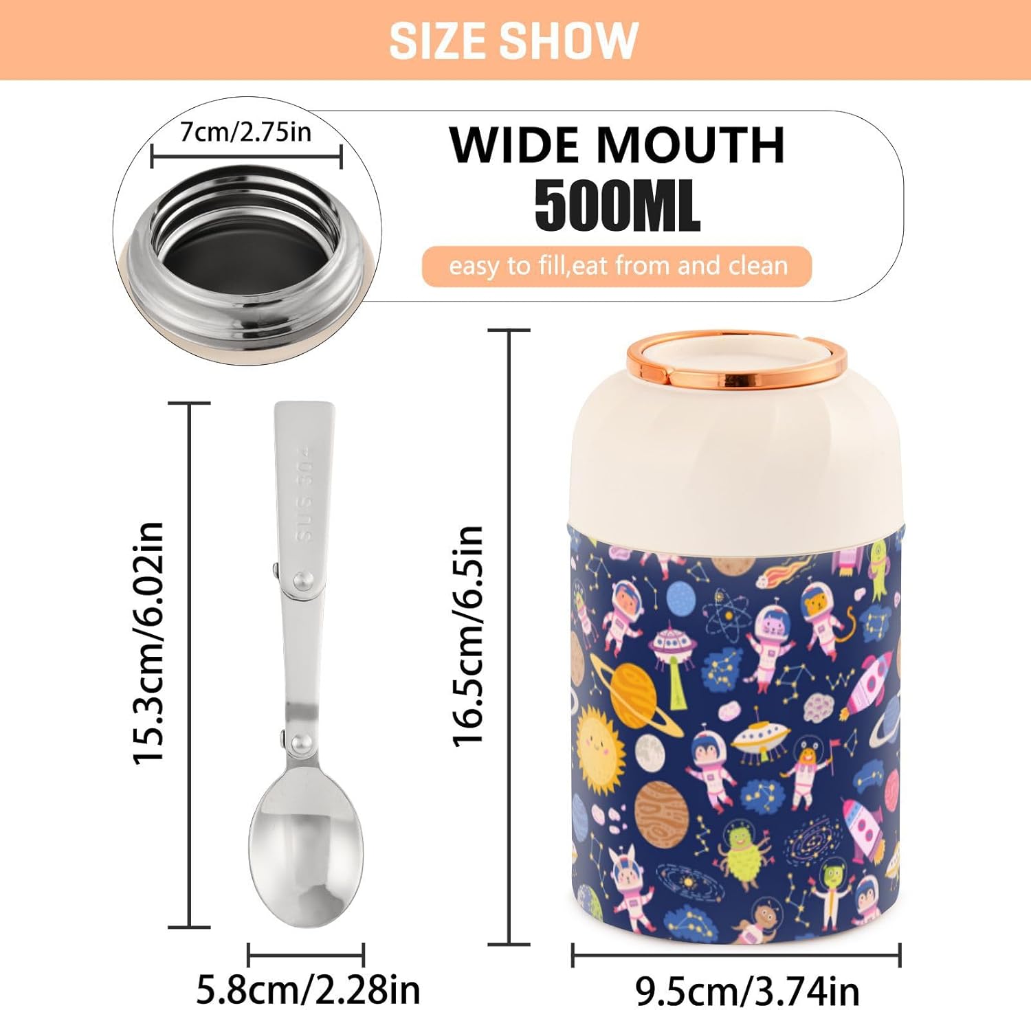 Cute Space Little Kids Womens Insulated Food Jar with Spoon 17oz500ml Keep Warm Food Containers Stainless Steel Vacuum Portable Food Storage for