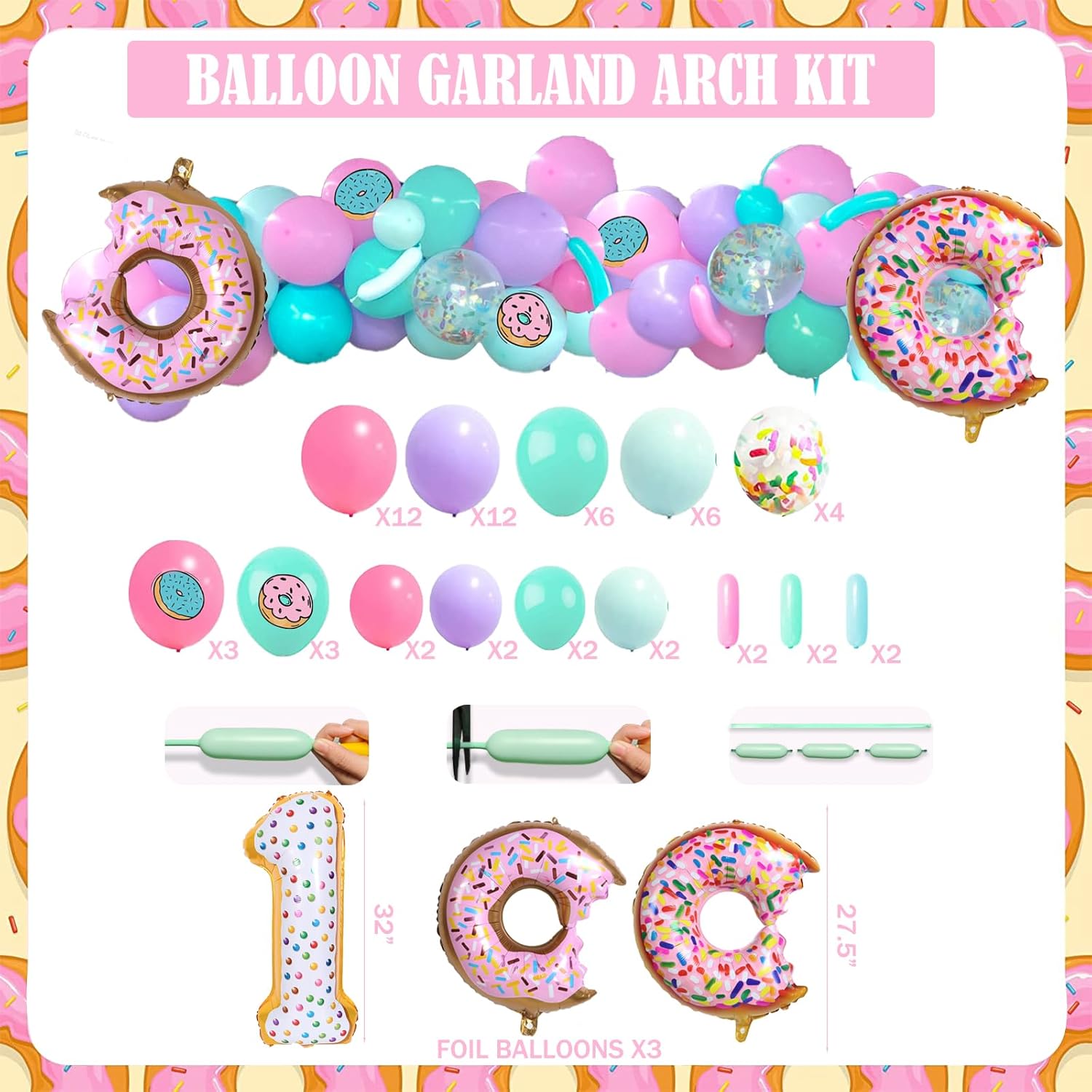 195 piezas de decoración de fiesta de cumpleaños Sweet One, suministros de fiesta de Hombae Donut para niña, telón de fondo, guirnalda de globos,