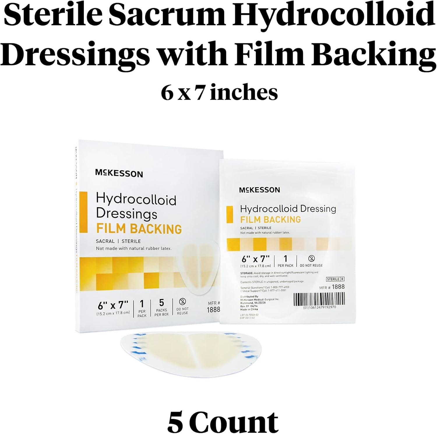 McKesson Apósito hidrocoloide, estéril, sacro, respaldo de película, 6 in x 7 in, 5 unidades, 1 paquete