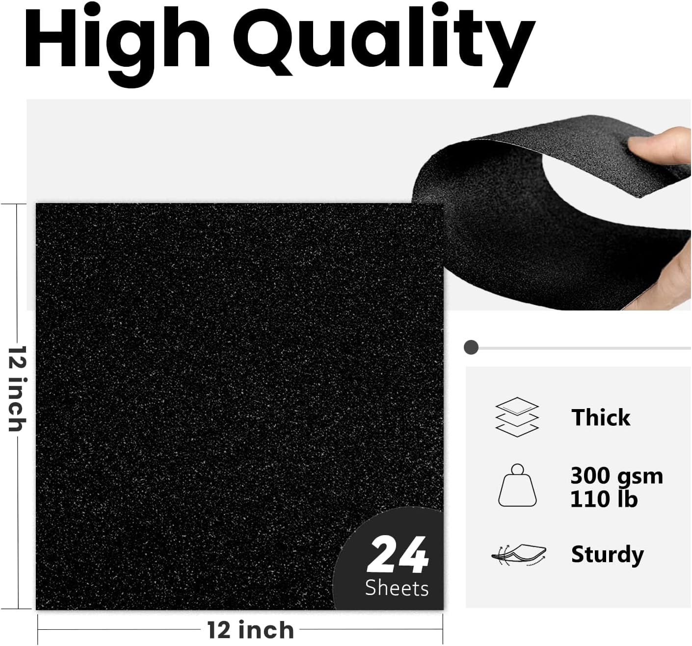 Cartulina negra con purpurina de doble cara de 12 x 12 pulgadas, 24 hojas de 10.58 ozm110 libras, papel de cartulina negra para Cricut,