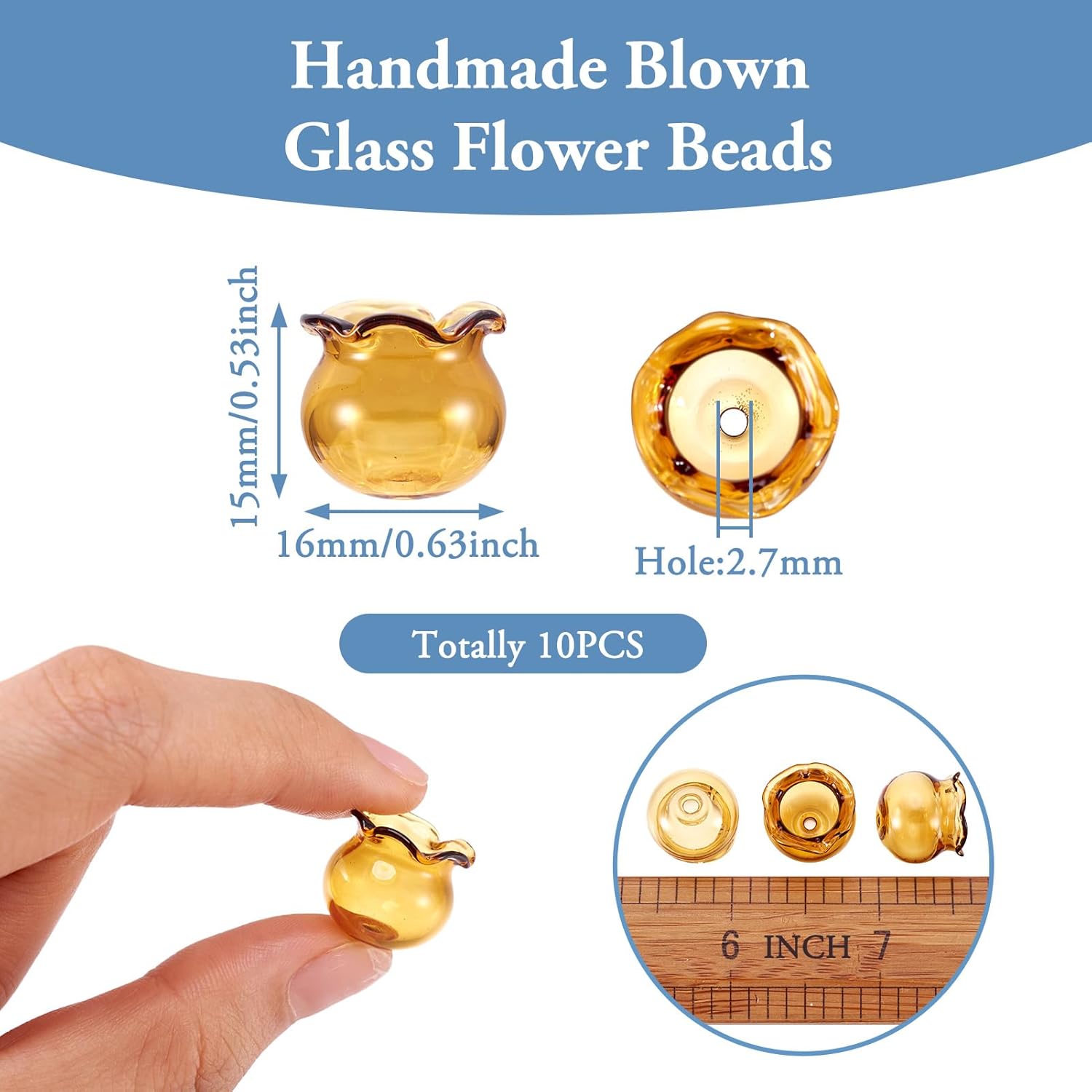 FASHEWELRY 10 cuentas de flores de vidrio hechas a mano, cuentas florales de cristal, cuentas espaciadoras de flores de trompeta transparentes,