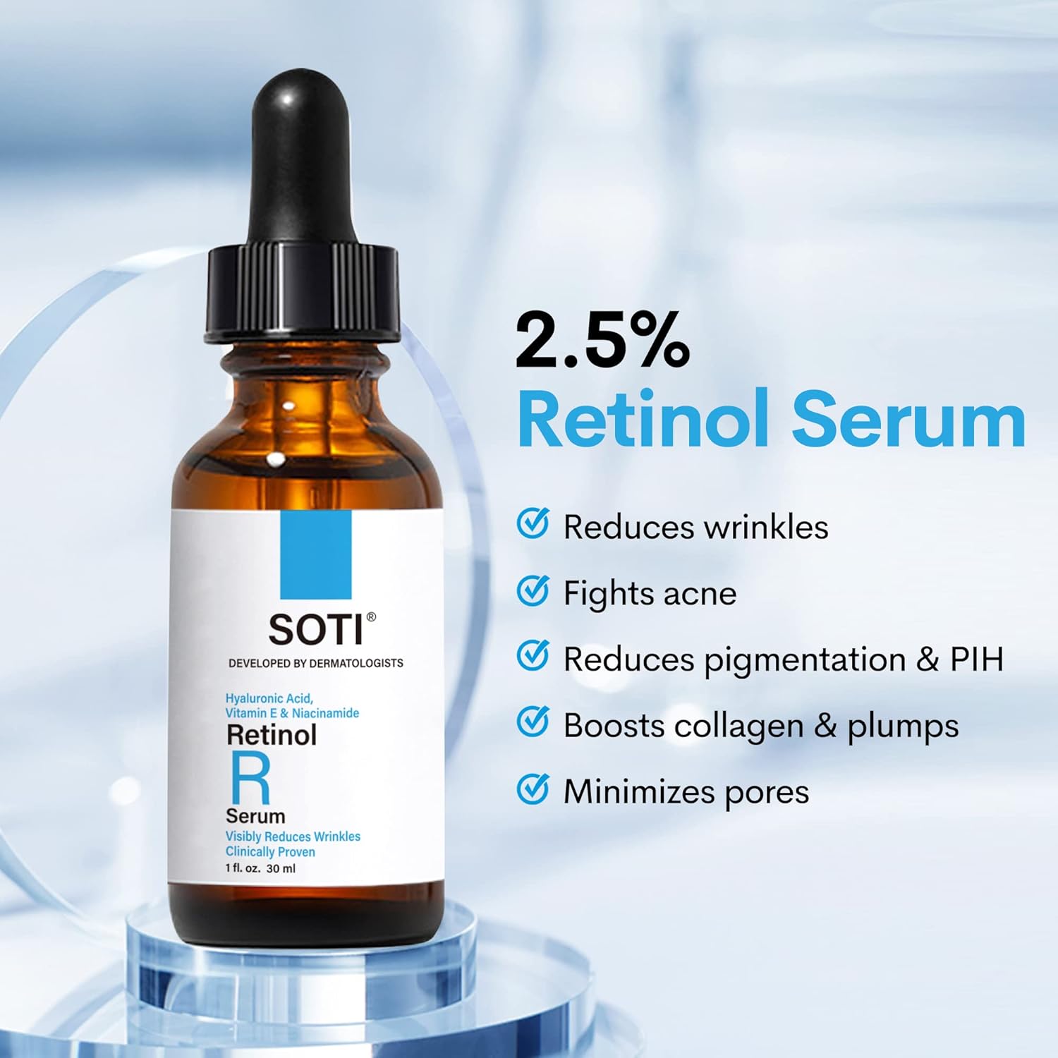 Suero de retinol para cara al 2.5% con niacinamida, ácido hialurónico y vitamina E. Suero facial antienvejecimiento para líneas, arrugas, manchas de