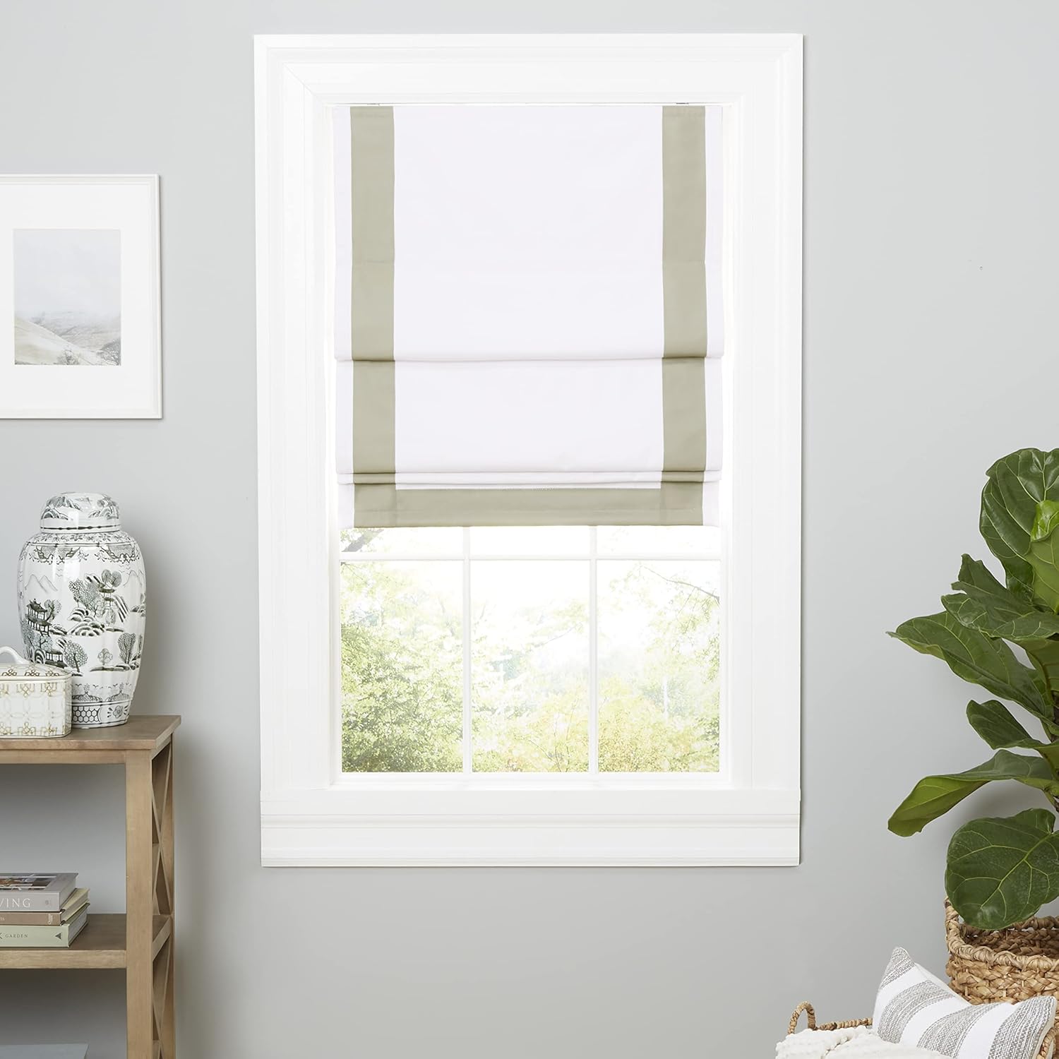 Exclusive Home Frontera – Persiana romana 100% opaca, 34 x 64 pulgadas, color blancogris