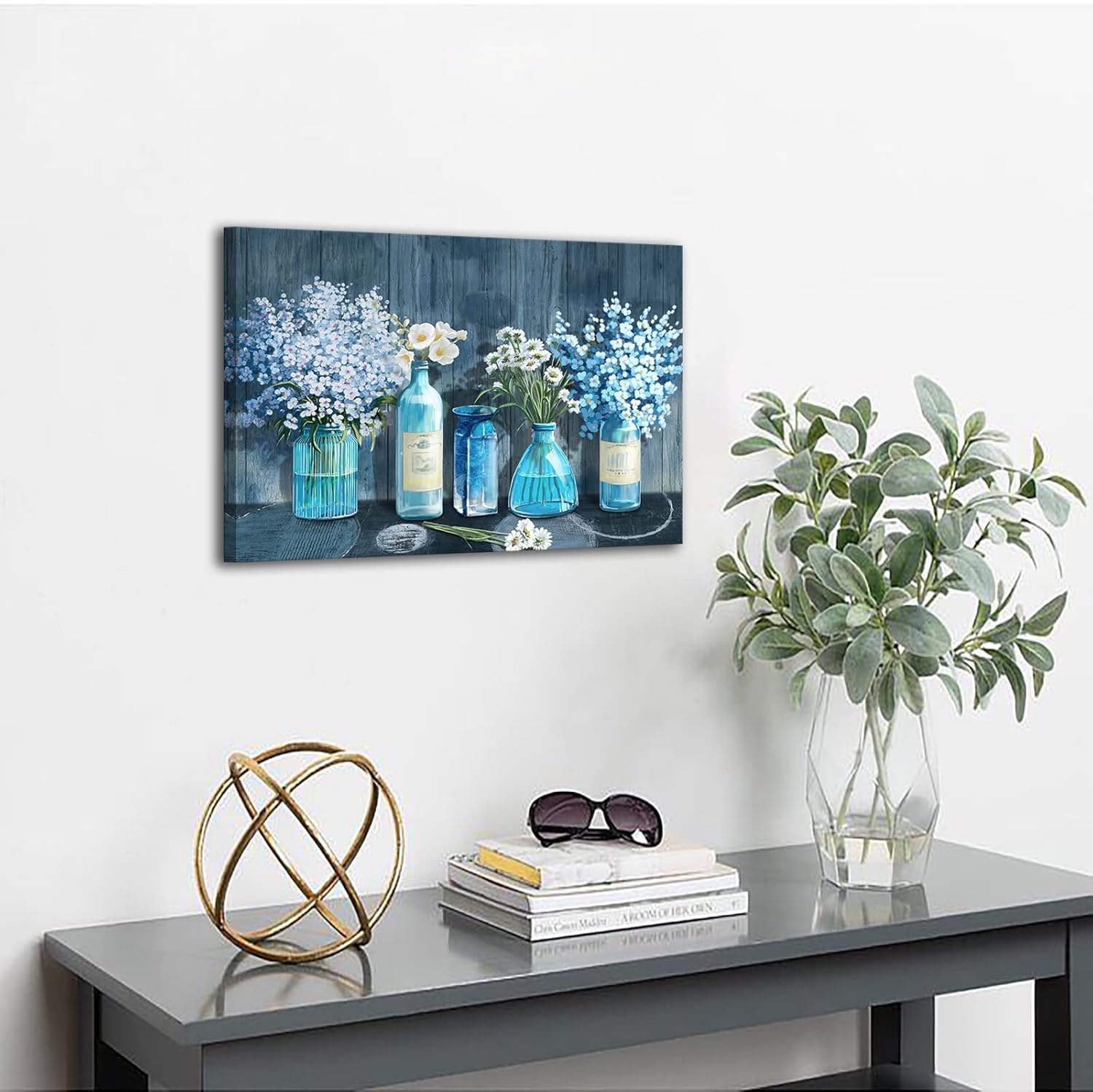HKDGOKA Lienzo decorativo de pared para dormitorio, flor blanca en botella azul, cuadros para sala de estar, galería moderna, lienzo estirado de 16