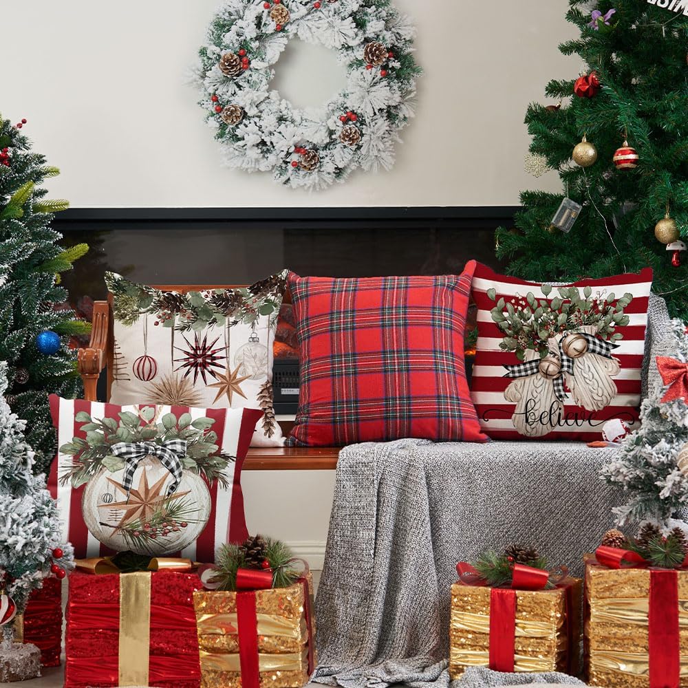 DFXSZ Juego de 4 fundas de almohada de Navidad de 20 x 20 pulgadas, guantes de árbol de Navidad decorativos de invierno con diseño de rayas rojas y