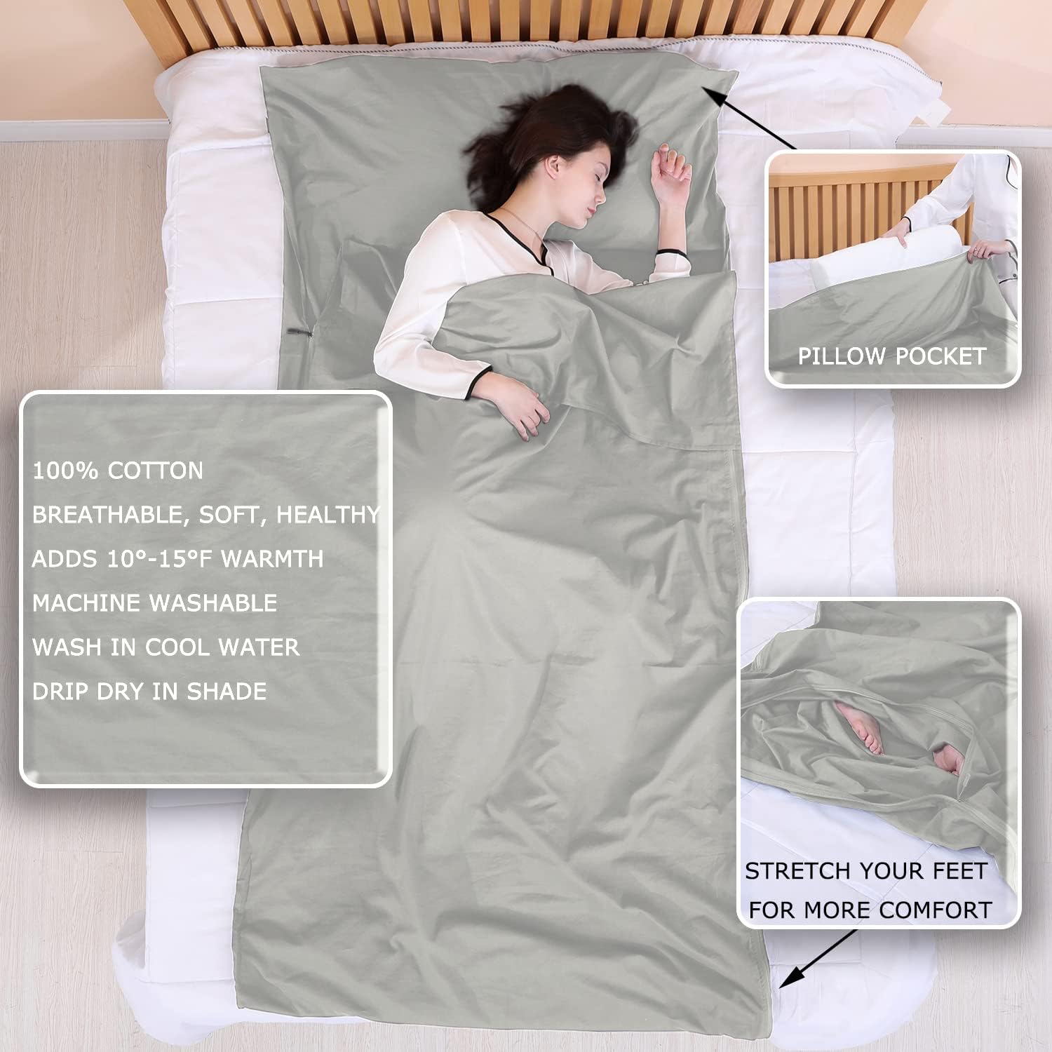 EXERMIL Forro para saco de dormir 100% algodón con cremalleras completas, saco de dormir grande de 87 x 43 pulgadas para adultos para viajes y
