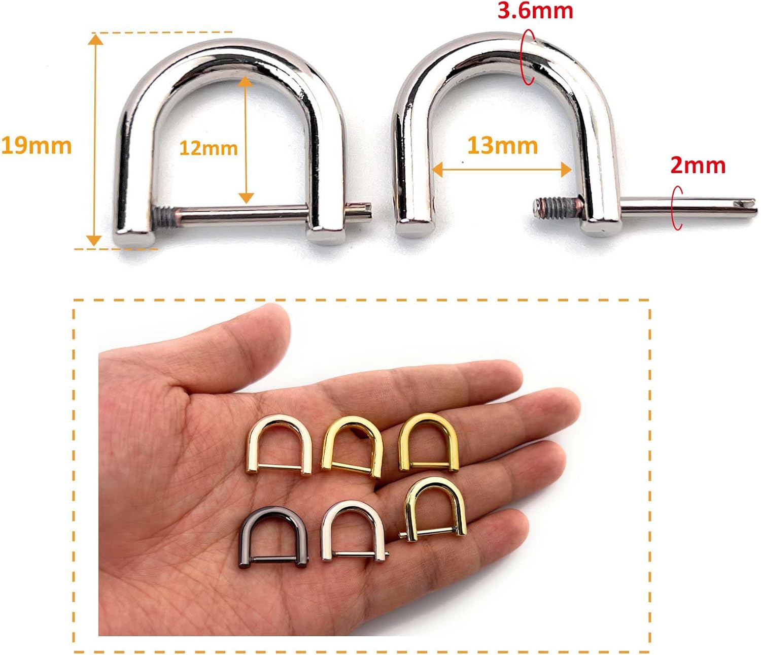 4 anillos D atornillables en forma de U, anillo D, accesorios de llavero de cuero para manualidades (0.51 pulgadas, plateado)