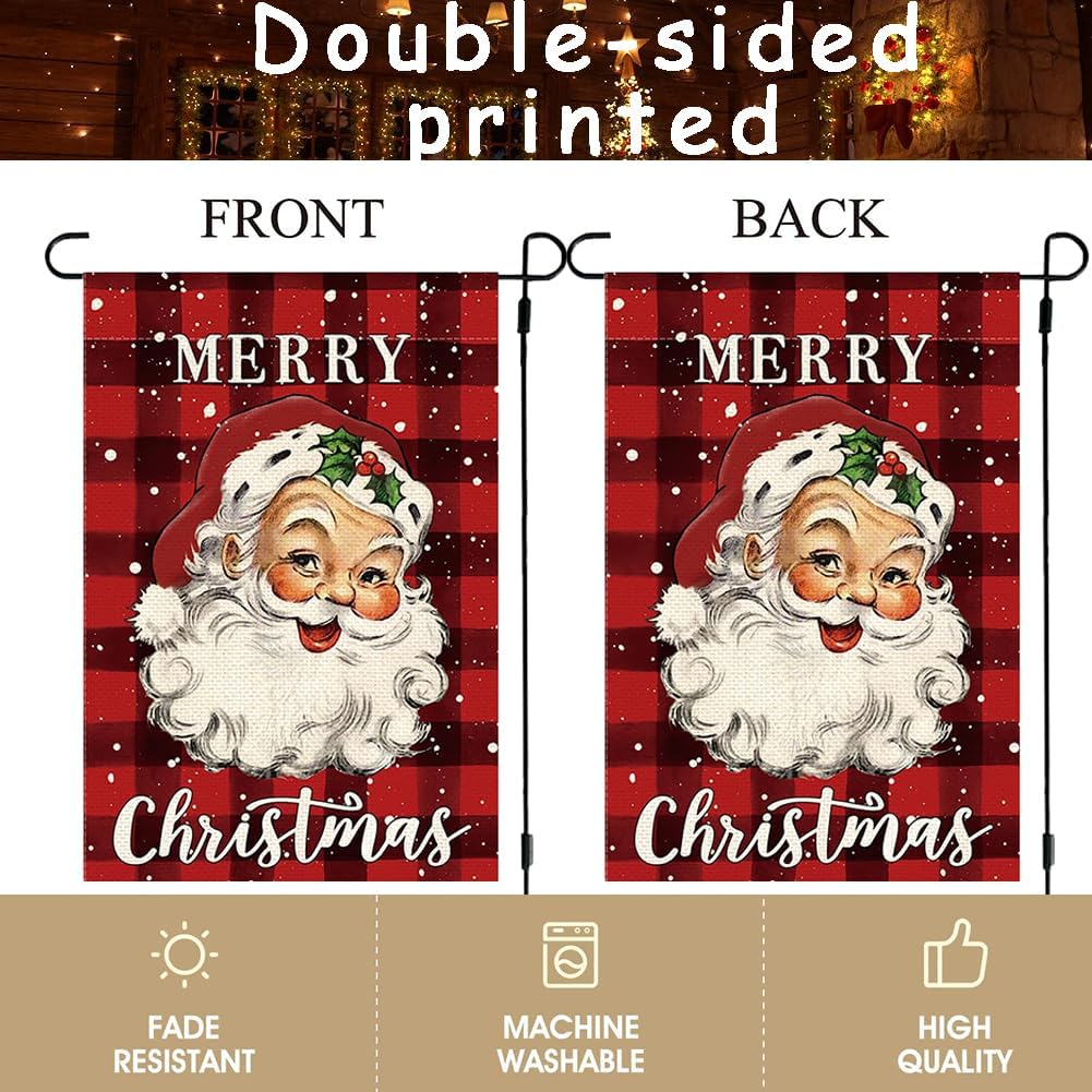 RABUSOFA Bandera de casa de Papá Noel con texto en inglés “Merry Christmas” de 28 x 40 pulgadas, de doble cara, vintage, a cuadros, decoración de