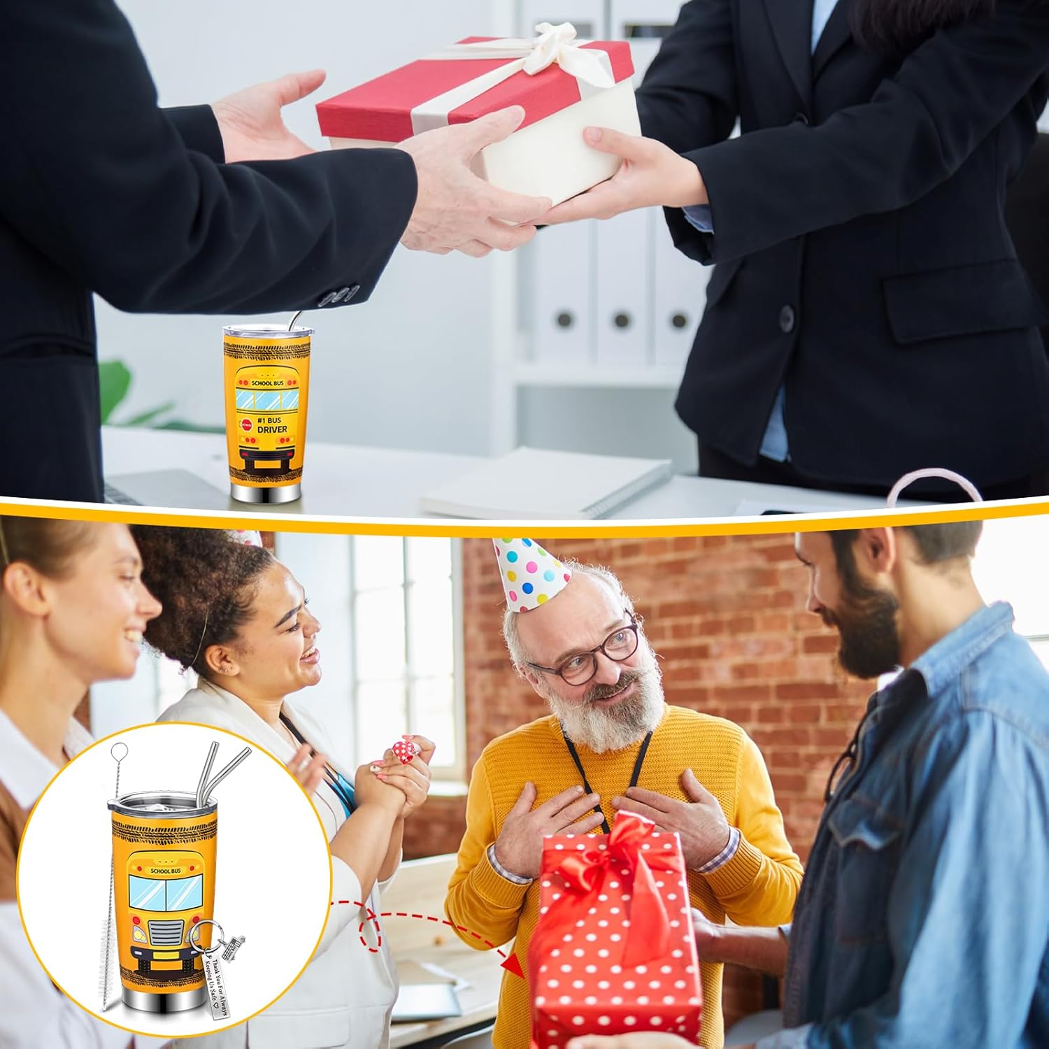 Uiifan Paquete de 6 regalos de agradecimiento al conductor de autobús, juego de 3 vasos de acero inoxidable de 20 onzas, 3 llaveros para conductor