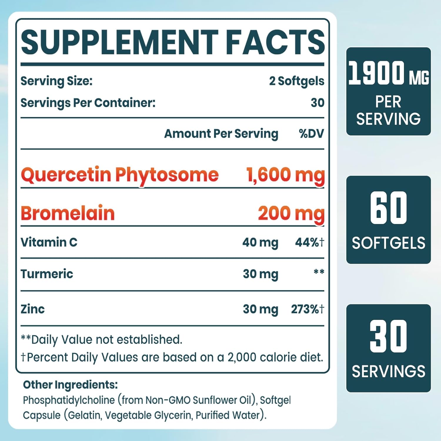1600 MG Liposomal Quercetin Phytosome, 20X Higher Absorption, Quercetin with Bromelain, Zinc & Vitamin C, Quercetin Supplement for Immunity, Normal