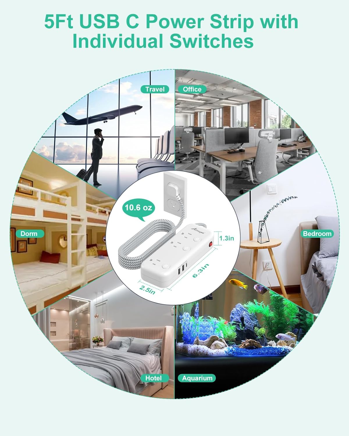 Regleta de alimentación de interruptor individual con 6 tomacorrientes, 3 USB (17 W USB C), cable trenzado de 5 pies, enchufe plano ultrafino, cable