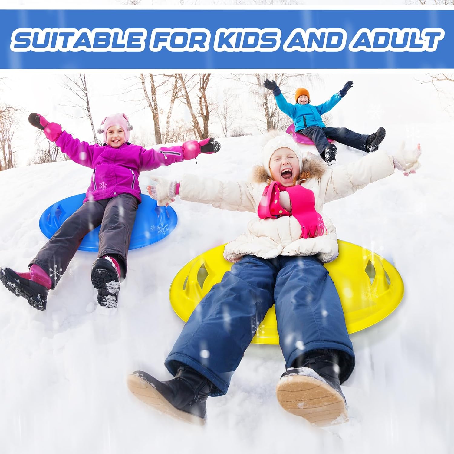 8 trineos de nieve de 25.2 pulgadas para niños y adultos, trineos de nieve de invierno de plástico con asas, platillo de nieve resistente, trineo
