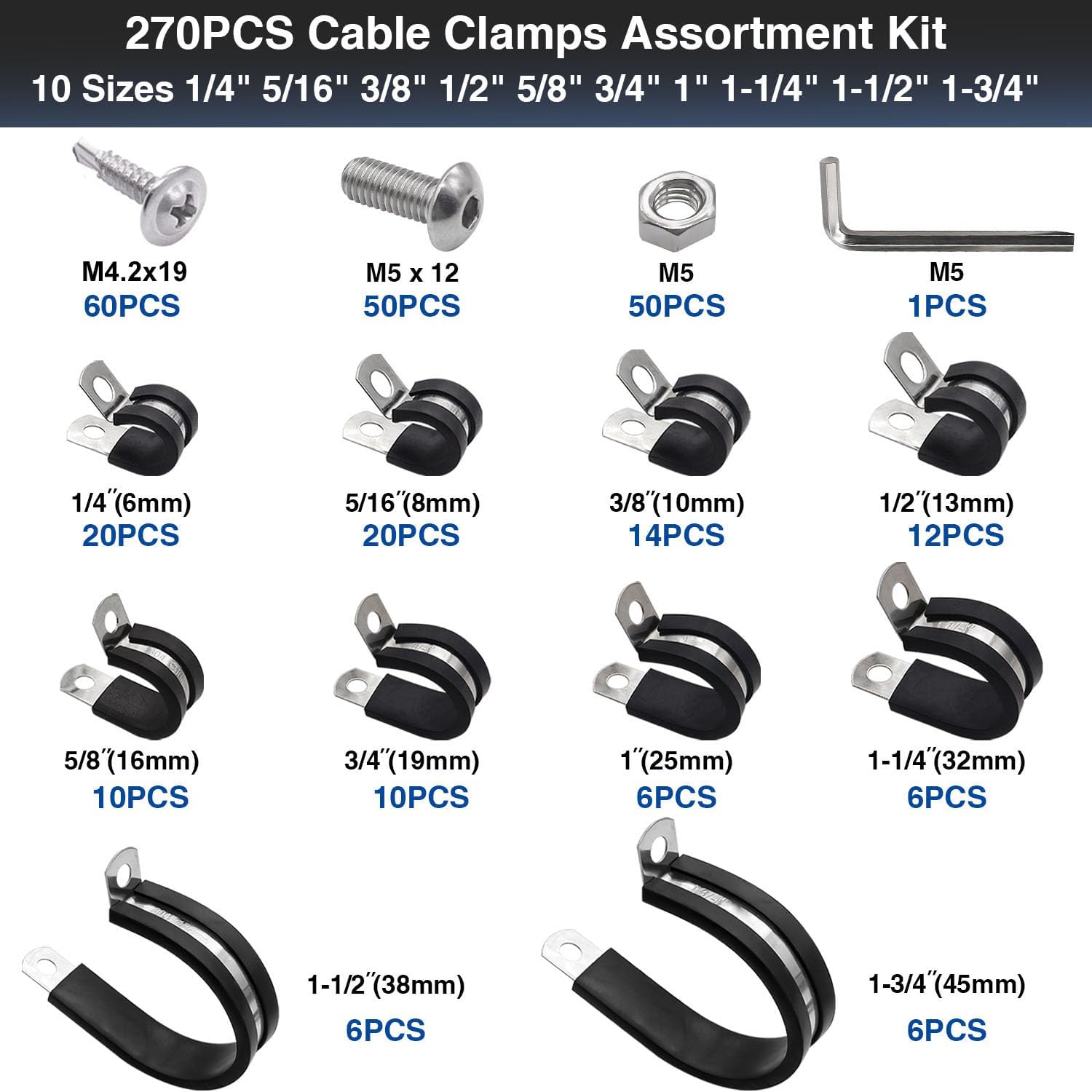 Taiss Kit surtido de 270 abrazaderas de cable, 10 tamaños de 14 pulgadas, 516 pulgadas, 38 pulgadas, 12 pulgadas, 58 pulgadas, 34 pulgadas, 1-14