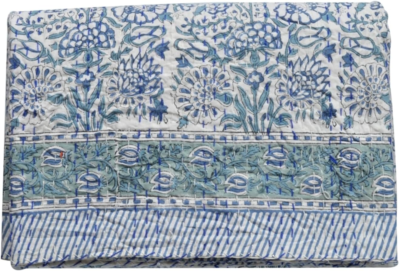 Kantha Bedspreas – Colcha con estampado de bloques indios, tamaño Queen, manta Kantha Bedspreas de algodón puro (90 x 108 pulgadas, floral blanco)