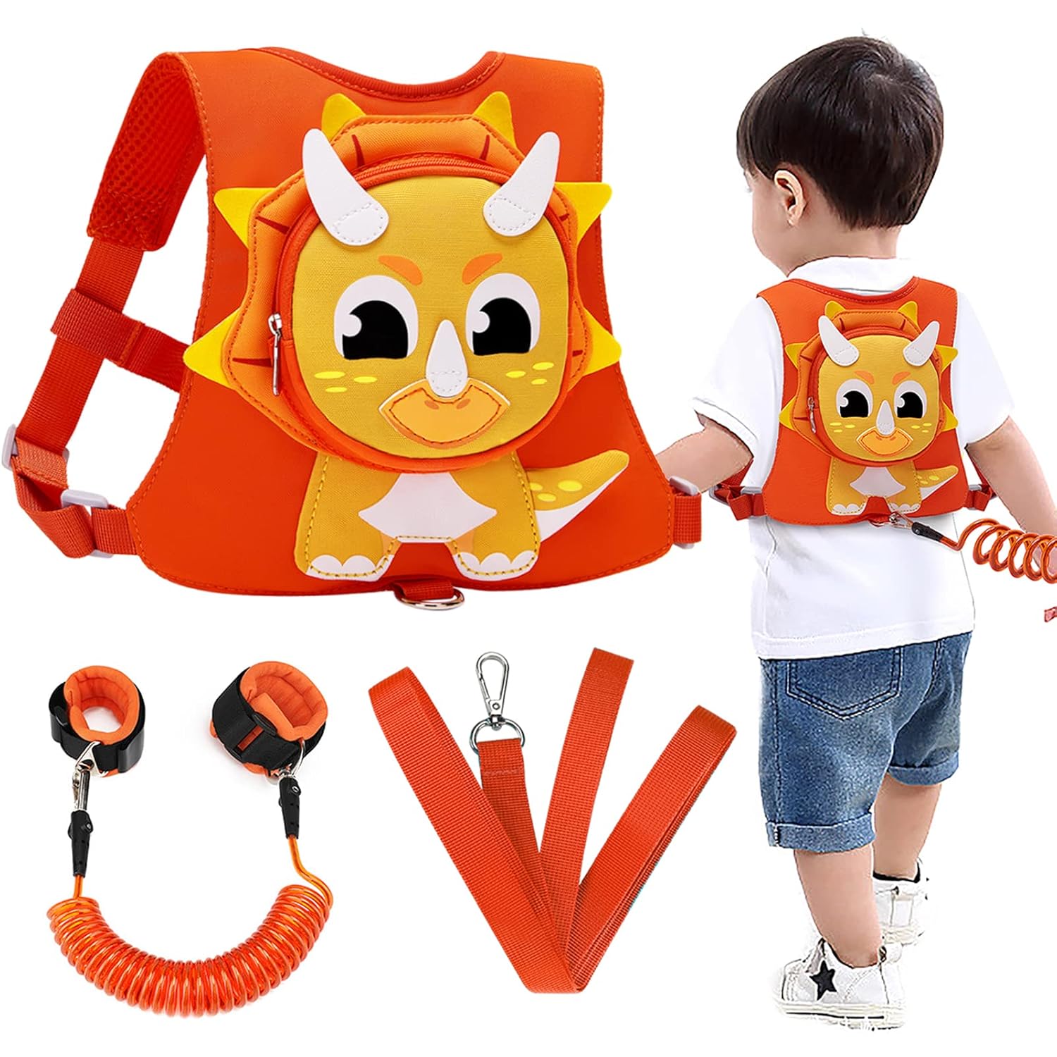 Accmor – Correa de arnés para niños pequeños con eslabón de muñeca antipérdida, 3 en 1, arnés de dinosaurio para niños, lindo triceratops para